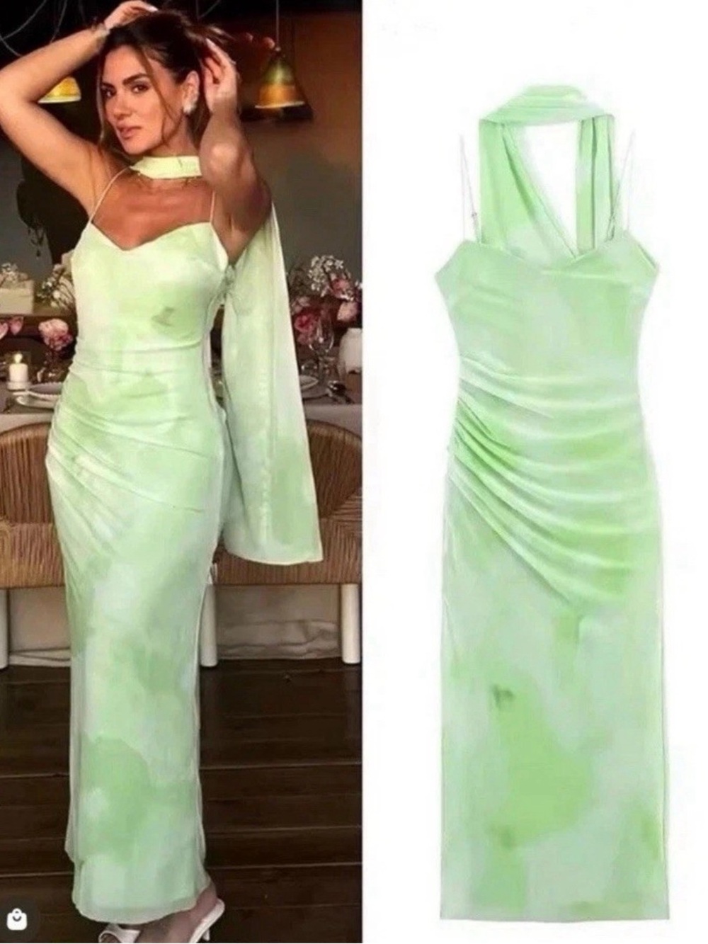 Mesh Light Green Satin Evening Dress with Scarf